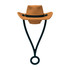 A drink bottle accessory featuring a brown brim hat silicone straw cover with a black attachment loop.