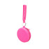 A pink silicone pouch with a strap and holes, featuring a zip closure and a metal ring.