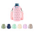 A drink bottle bag in pink with perforated stars, featuring a blue lid and a detachable strap. Available in various colours.