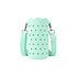 A drink bottle bag in mint green silicone with star cut-outs, featuring a detachable strap and a logo.