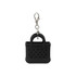 A black mini keychain shaped like a handbag, featuring holes and a metal clip for attachment.