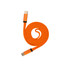 An orange flat braided charging cable with USB connectors at both ends, featuring a logo.
