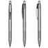 A polished stainless steel pen with a sleek design, featuring a clip and textured grip, shown from three angles.