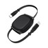 A black retractable charging data cable with USB-C connectors, featuring a compact design and a branding logo.