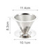 A stainless steel coffee filter with a stand, featuring a conical design and measurements of 11.4cm by 10.1cm by 8.3cm.