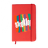 A red Minichroma A6 Notebook with a colourful design and an elastic band closure. It features a logo on the front.