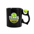 A black ceramic mug features a green tennis ball at the handle and a printed tennis championship logo.