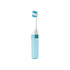 A foldable handle toothbrush in blue and white, stored in a transparent case. It features a logo on the case.
