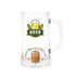 A clear beer glass featuring a barrel-shaped spinner toy inside, with a logo displaying a frothy beer mug and wheat.