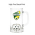 A clear glass beer mug featuring a soccer-themed design and a custom spinner toy inside.