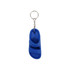 A blue sandal-shaped keyring featuring a metal chain and ring for attachment. It has a branding logo.