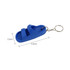 A blue sandal-shaped keyring with a chain, measuring 3.8cm by 8.8cm. It features a simple design and a logo.