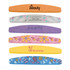 A set of colourful half-moon shaped nail files in orange, grey, purple, pink, and yellow, featuring various designs and a logo.