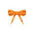 An orange pair of custom shoe laces arranged in a bow, featuring a logo on the ends.