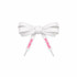 A pair of white shoelaces tied in a bow, featuring pink text on the ends and a logo.