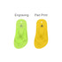Two fridge magnets shaped like thongs, one in bright green and the other in vibrant yellow, both featuring a logo.