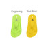 A pair of flip-flop shoe charms in bright green and yellow, featuring a logo on the surface.