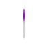 A crystal glass nail file with a purple gradient and a smooth, pointed end. It features a branding logo.