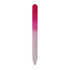 A gradient glass nail file in shades of pink and white, featuring a sleek, elongated design.