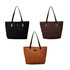 A collection of three suede leather tote bags in black, dark brown, and tan, each with distinct handles and a logo.