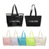 A black and a black tote bag with a detachable PVC cover, alongside tote bags in pink, lavender, blue, green, and clear.
