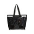 A black tote bag features a detachable PVC cover and sturdy handles. It has a transparent design with black accents.