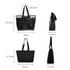 A black tote bag with detachable PVC cover, featuring black straps and varying dimensions displayed alongside.