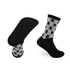 A pair of black and white patterned woven bamboo socks with a towel bottom. They feature a diamond check design.