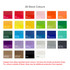 A selection of fabric swatches in 28 stock colours including red, orange, yellow, green, blue, purple, and black.
