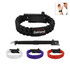 A black paracord survival bracelet with a compass, available in white, purple, red, and additional colours. It features a logo.