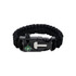 A black survival bracelet featuring a compass and a multi-functional clasp. It has a durable paracord design.