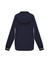 A navy blue women's jacket featuring a hood and striped cuffs, with ventilation details on the back.