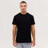 A black t-shirt for men, featuring a classic crew neck and short sleeves, displayed on a model against a neutral background.