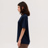 A navy blue short-sleeved tee featuring a loose fit and a branding logo.