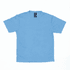 A blue T-shirt with short sleeves and a tag, featuring a plain design and a visible logo.