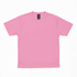 A pink t-shirt with short sleeves and a label on the inside neckline. It features a branding logo.