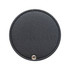 A round black makeup mirror with a stitched edge and a metal snap closure. It features a logo on the surface.