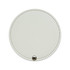 A round white makeup mirror with a textured surface and a small silver button detail. It has a subtle stitching around the edge.