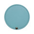 A round makeup mirror in a light blue colour with a stitched edge and a small metallic button.