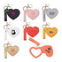 A heart-shaped compact mirror with keychain, featuring various colours like pink, black, white, red, and yellow.