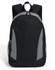 A black and grey backpack with padded shoulder straps and mesh side pockets. It features a logo on the front.