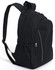 A black backpack featuring a zippered compartment and a mesh side pocket. It has adjustable shoulder straps and a logo.