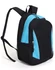 A black backpack with blue accents, featuring a zippered front pocket and mesh side pockets. It has adjustable straps.