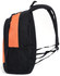 A black and orange backpack featuring a side mesh pocket and adjustable straps, with a logo prominently displayed.