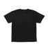 A black t-shirt with short sleeves, featuring a logo on the inner label.