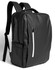 A black PU backpack featuring a front zip pocket and adjustable straps. It has a sleek, minimalistic design.