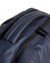 A dark navy backpack featuring a smooth texture and zippered compartments. The product has a logo.