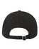 A black cotton twill unstructured cap featuring a back strap and an adjustable buckle. It has a logo on the side.