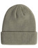 A roll-up cable knit snug beanie in a muted green colour, featuring a logo on the side.
