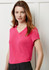 A pink short sleeve top with a V-neck design, featuring a model standing against a neutral background.